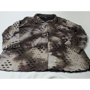 Ali Miles Top Blouse Shirt Lagenlook 1X Button 3/4 Sleeve Black Gray Grunge Art